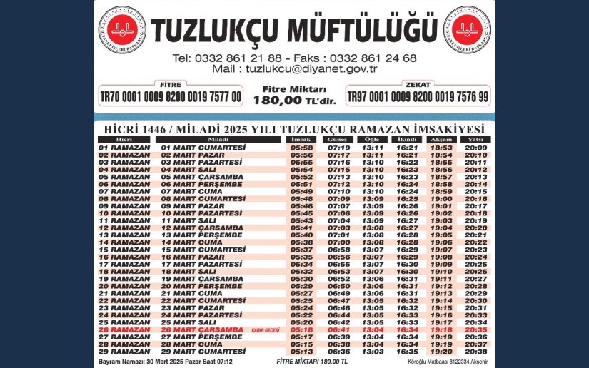 TUZLUKÇU RAMAZAN İMSAKİYESİ