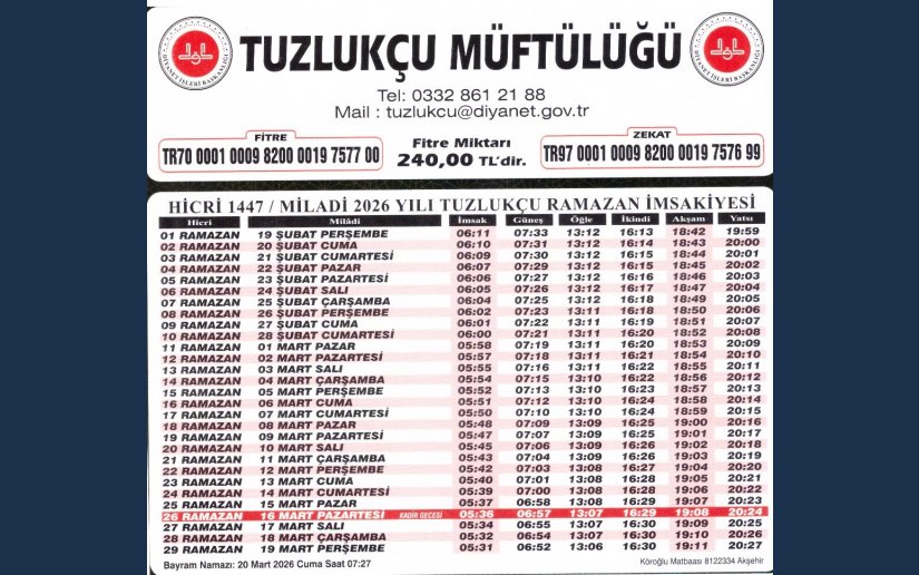 TUZLUKÇU İLÇEMİZ İMSAKİYE VAKİTLERİ
